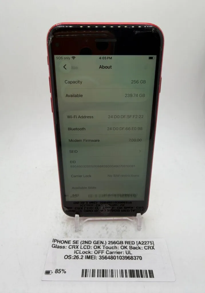 Apple iPhone SE 2nd Gen. – Red – 256GB – (Unlocked) – A2275 – functional