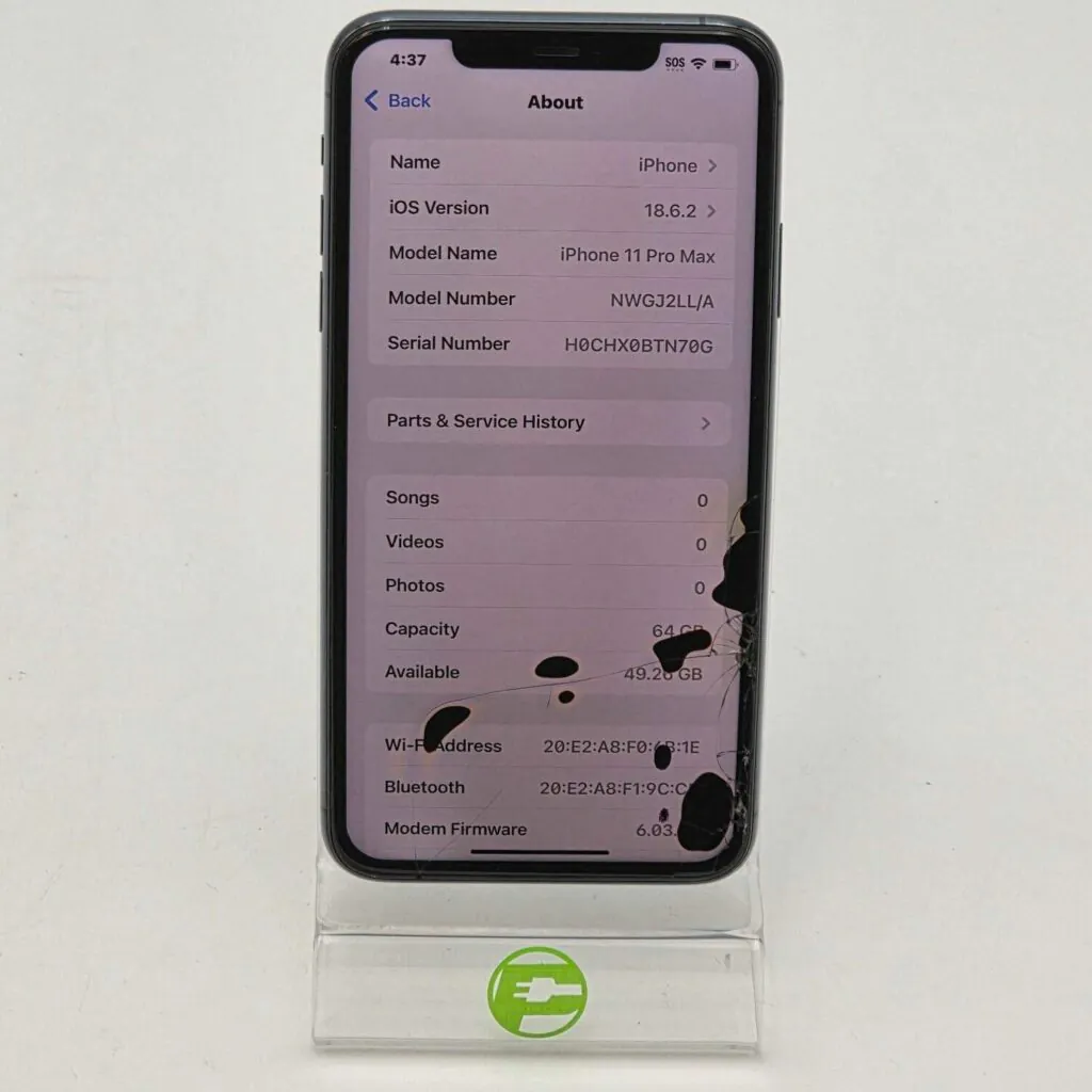 Broken Unlocked Apple iPhone 11 Pro Max 64GB 18.6.2 NWGJ2LL/A Read
