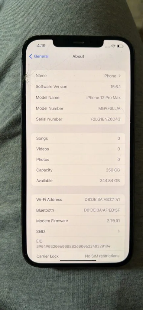 Apple iPhone 12 Pro Max 256GB Black Bluetooth Wi-Fi Unlocked MG9F3LL/A