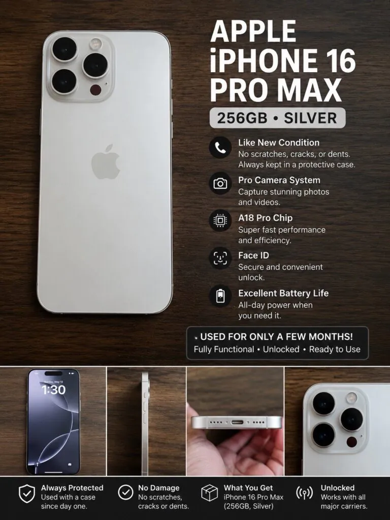 Apple iPhone 16 Pro Max 256GB Silver Unlocked Bar Style 20MP+ Camera