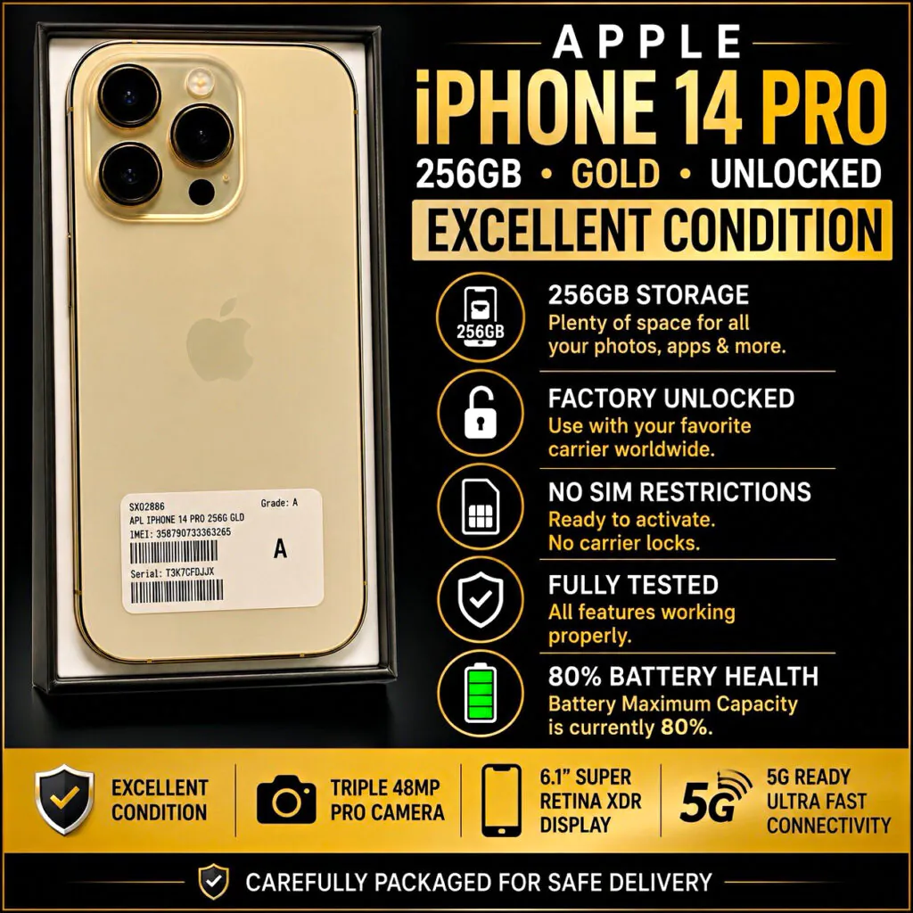 Apple iPhone 14 Pro 256GB Gold Unlocked 5G iOS 6GB RAM A16 A2650